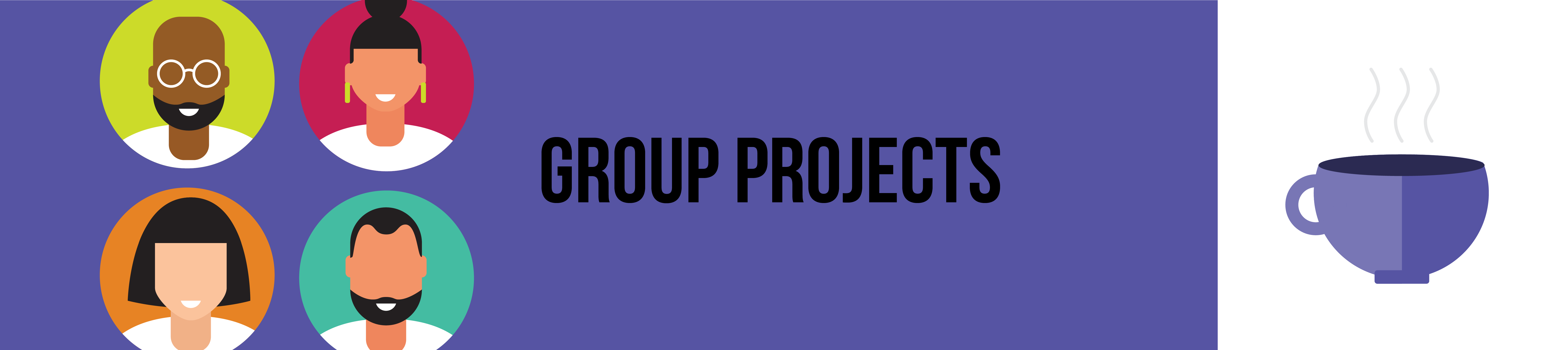 GRAPHIC: four student icons overlaid on purple background. TEXT: Group Projects.